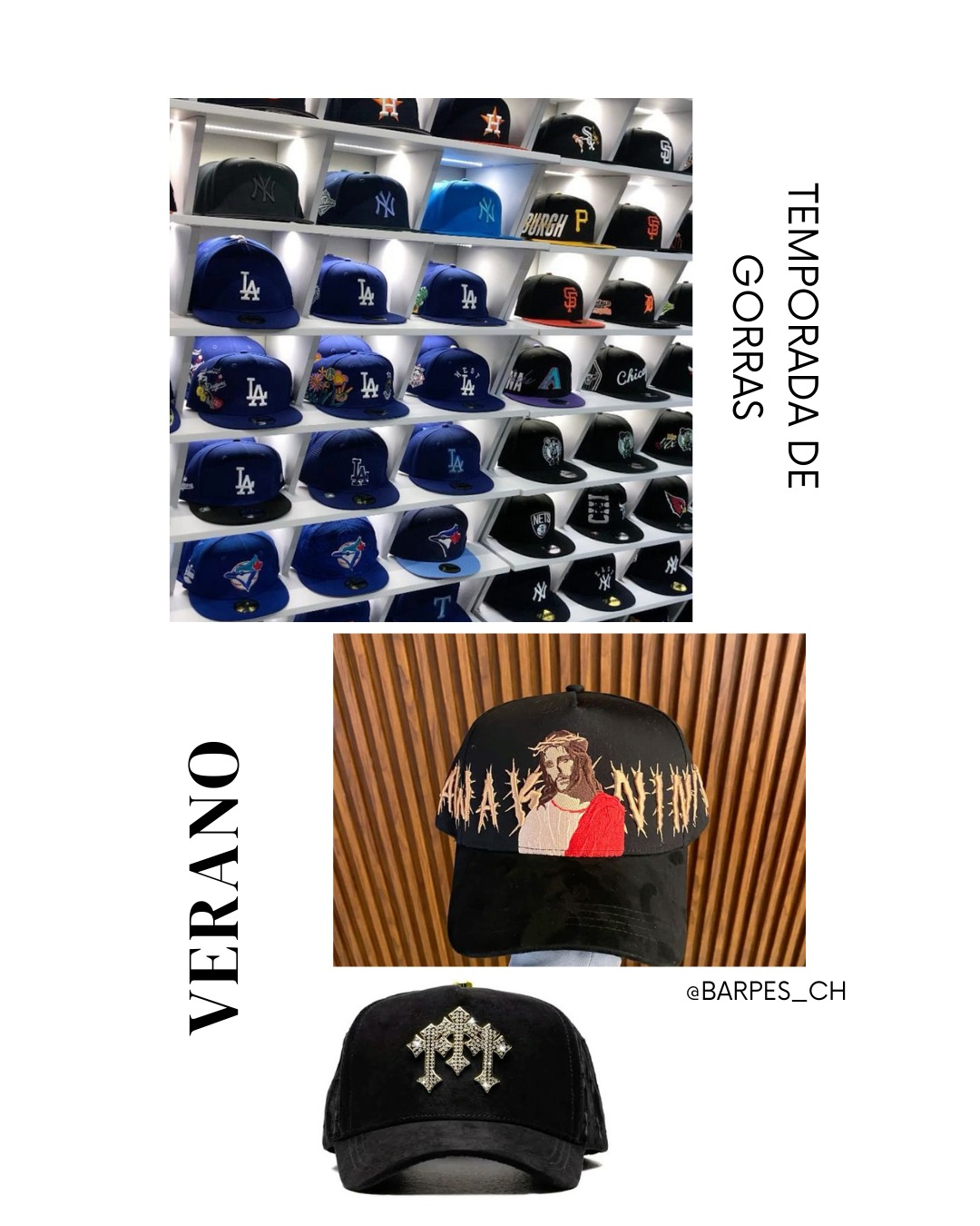 Muro de gorras en tienda y dos modelos de gorra negra.