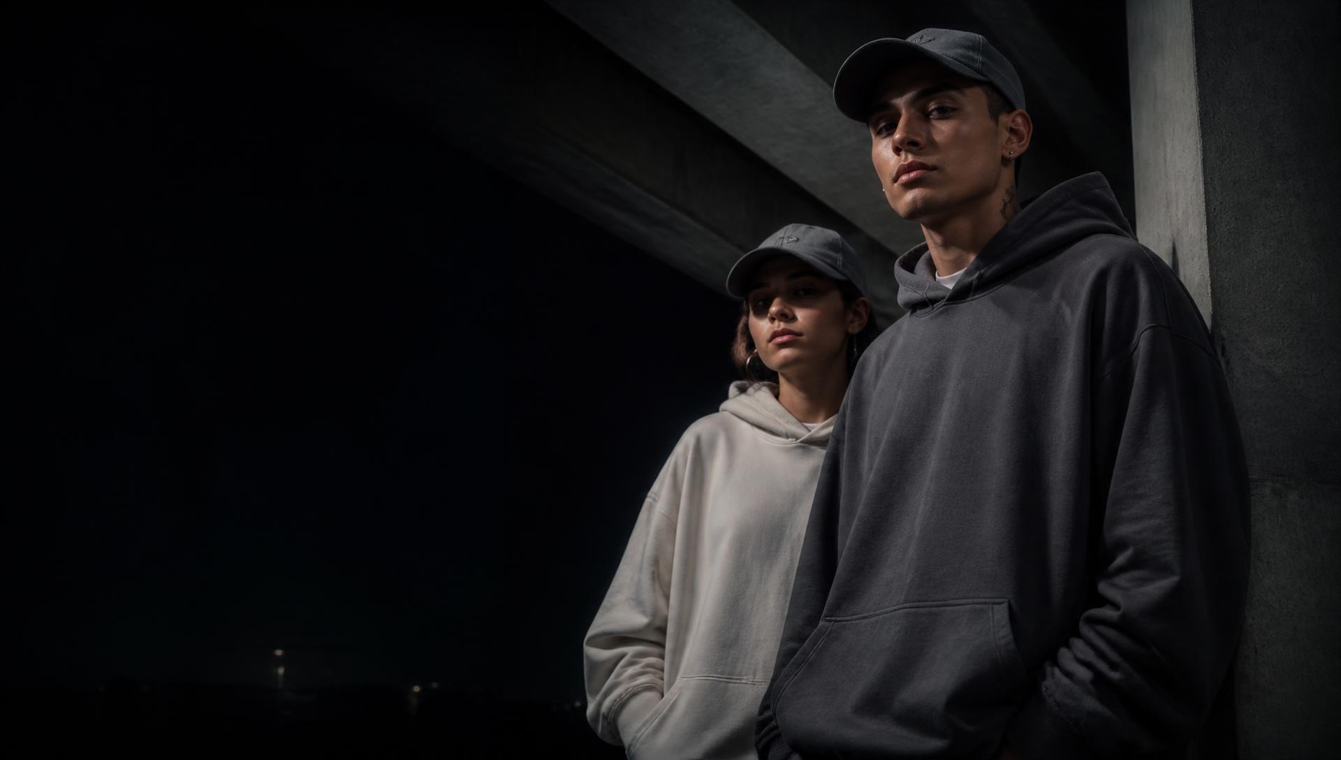 Dos jóvenes con hoodie y gorra en un entorno urbano nocturno