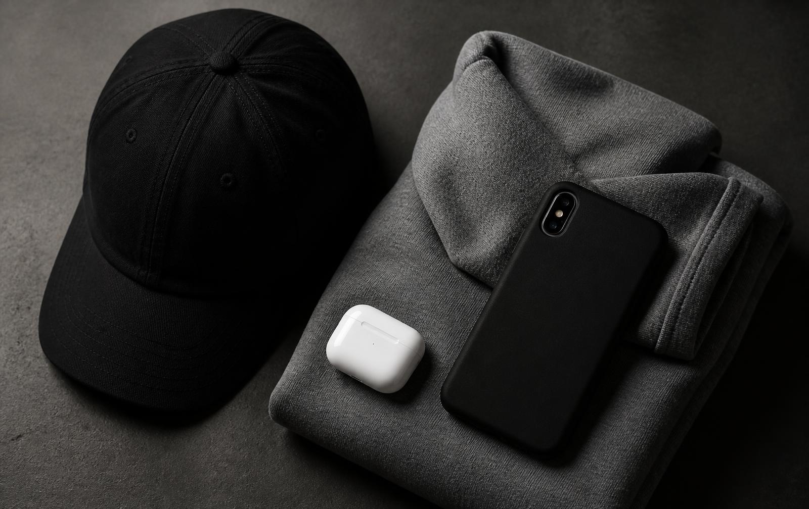 Gorra negra, hoodie gris, funda y audífonos sobre superficie de concreto